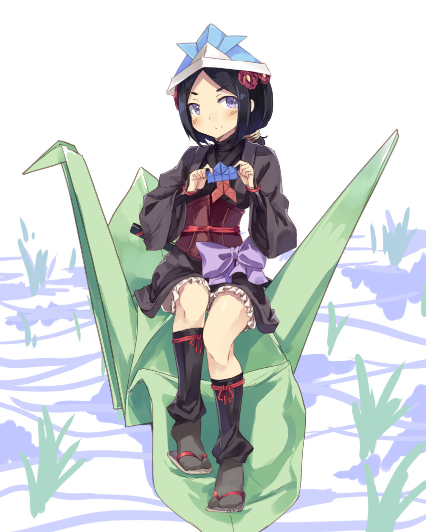 absurdres black_hair black_legwear commentary_request flower hair_flower hair_ornament highres japanese_clothes looking_at_viewer low_ponytail normaland origami princess_principal purple_eyes sandals sash short_hair sitting sleeveless smile solo tabi toudou_chise