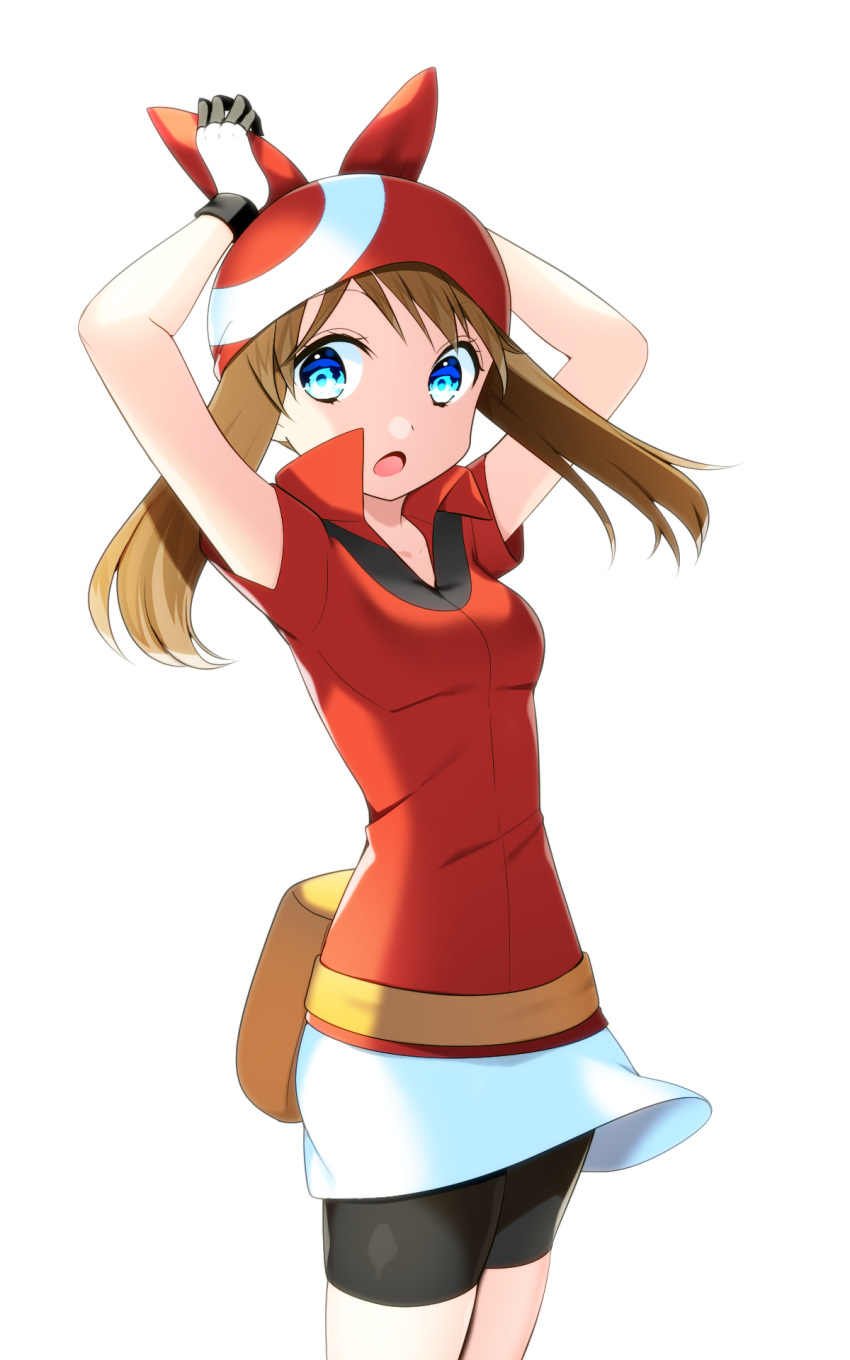 arms_up bike_shorts black_shorts blue_eyes breasts brown_hair cowboy_shot floating_hair haruka_(pokemon) hat highres long_hair open_mouth overskirt pokemon pokemon_(game) pokemon_rse red_hat red_shirt shirt short_shorts shorts shorts_under_skirt simple_background skirt small_breasts solo standing white_background white_skirt yuihiko