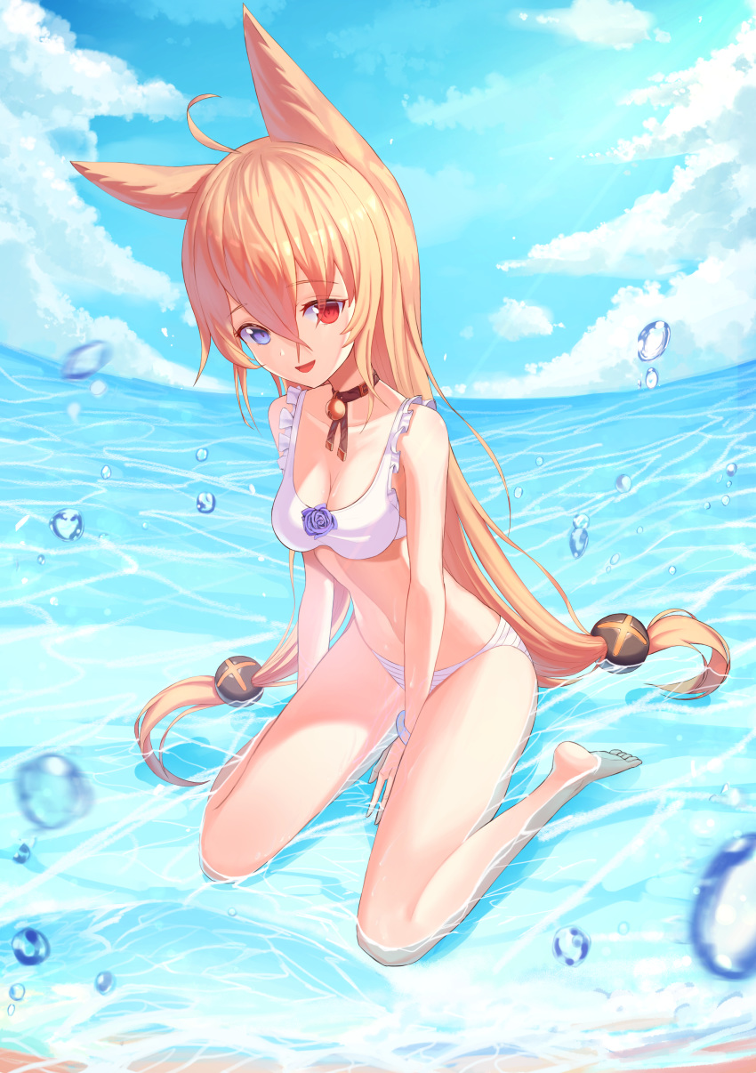 absurdres animal_ears bangs barefoot bell bell_collar between_legs bikini blue_eyes blush breasts cloud collar collarbone day eyebrows_visible_through_hair full_body g41_(girls_frontline) girls_frontline hair_between_eyes hand_between_legs heterochromia highres horizon jingle_bell long_hair looking_at_viewer low-tied_long_hair navel ocean outdoors red_eyes shallow_water sitting sky solo stomach swimsuit tmtl_aos wading wariza white_bikini