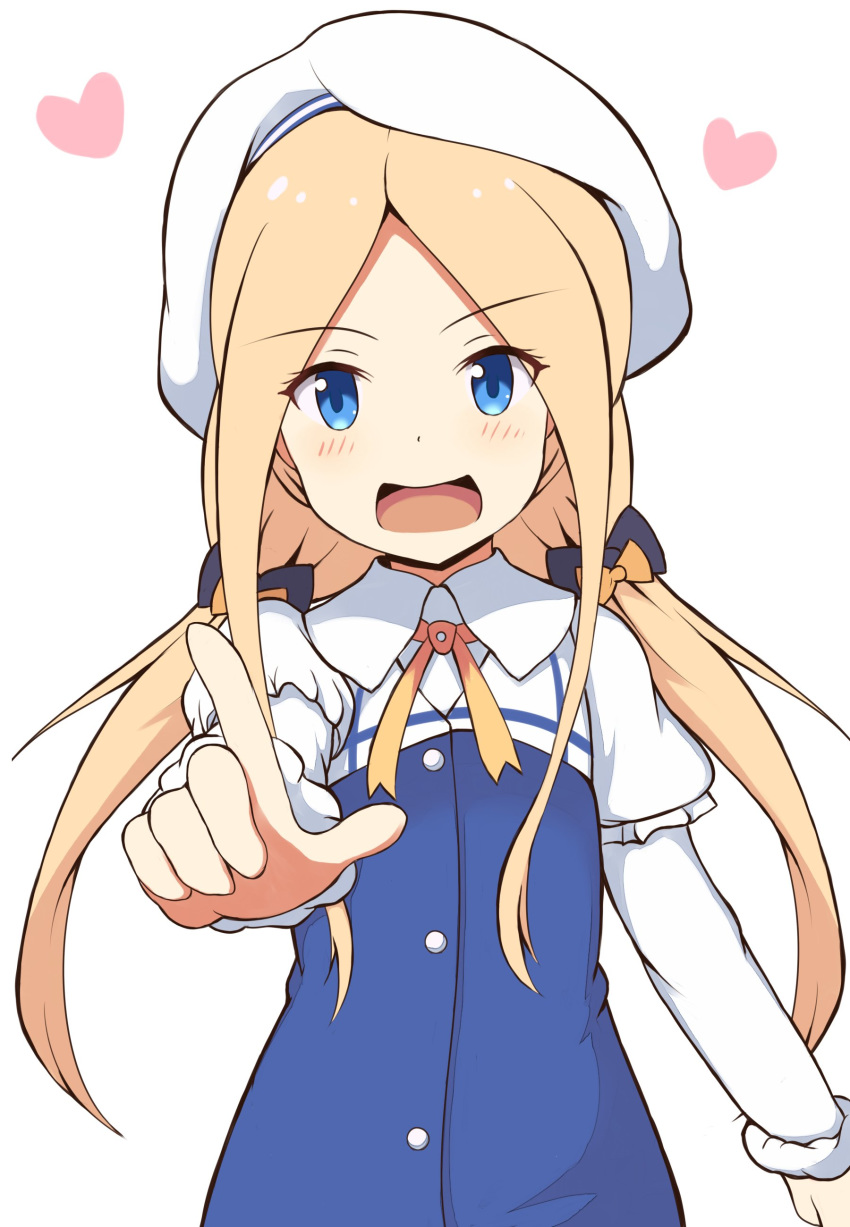 :d abigail_williams_(fate/grand_order) absurdres bangs beret blonde_hair blue_dress blue_eyes blush commentary_request cosplay dress eyebrows_visible_through_hair fate/grand_order fate_(series) forehead hair_ornament hair_scrunchie hat head_tilt heart highres hinatsuru_ai hinatsuru_ai_(cosplay) index_finger_raised long_hair long_sleeves looking_at_viewer low_twintails mitchi open_mouth outstretched_arm parted_bangs puffy_short_sleeves puffy_sleeves ryuuou_no_oshigoto! school_uniform scrunchie short_over_long_sleeves short_sleeves simple_background smile solo twintails very_long_hair white_background white_hat yellow_scrunchie