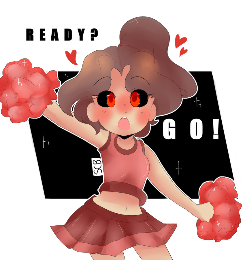 1girl baldi's_basics_in_education_and_learning blush breasts brown_hair cheerleader dancing heart loli looking_at_viewer miniskirt open_mouth playtime ponytail red_eyes short_hair skirt small_breast solo