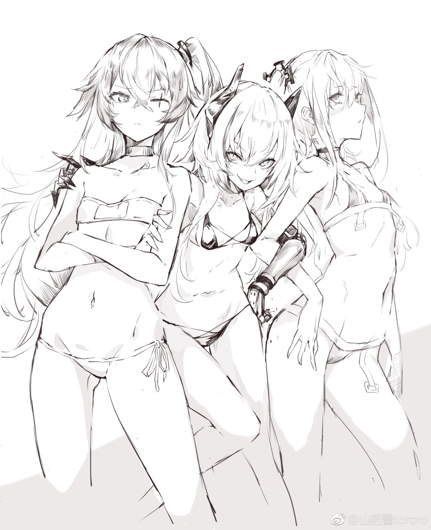absurdres ass_visible_through_thighs bikini blush breasts choker contrapposto cowboy_shot crossed_arms eyebrows_visible_through_hair eyepatch_bikini fang flat_chest from_side girl_sandwich girls_frontline greyscale hair_between_eyes hand_on_another's_shoulder hand_on_hip headgear highres locked_arms long_hair m4_sopmod_ii_(girls_frontline) monochrome multiple_girls navel one_eye_closed one_side_up parted_lips prosthesis prosthetic_arm sandwiched scar scar_across_eye shanyao_jiang_tororo side-tie_bikini sidelocks simple_background small_breasts st_ar-15_(girls_frontline) string_bikini swimsuit ump45_(girls_frontline)