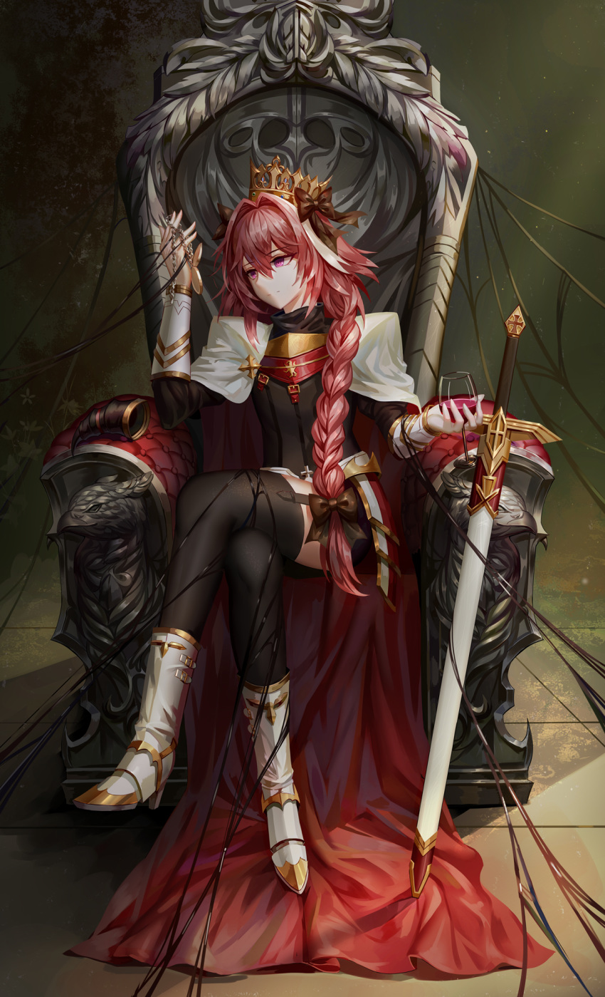 aaeru alcohol amulet arm_guards armor astolfo_(fate) bangs black_bow black_legwear boots bow braid cape closed_mouth commentary_request cornet_(instrument) cross crossed_legs crown cup cupping_glass drinking_glass expressionless eyebrows_visible_through_hair fate/grand_order fate_(series) fauls full_body gradient gradient_background hair_between_eyes hair_bow hair_intakes high_heel_boots high_heels highres holding holding_cup knee_boots long_hair multicolored_hair otoko_no_ko pink_hair purple_eyes sheath sheathed shiny shiny_hair simple_background single_braid sitting solo streaked_hair sword thighhighs throne very_long_hair weapon white_cape white_footwear white_hair wine wine_glass