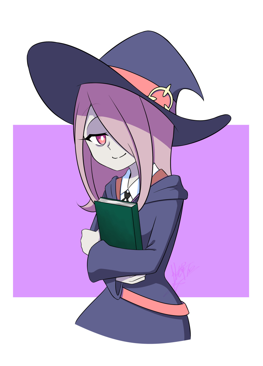 absurdres book commentary_request cowboy_shot eyebrows_visible_through_hair hair_over_one_eye half-closed_eyes hat highres kiseki_richia little_witch_academia long_hair long_sleeves looking_at_viewer luna_nova_school_uniform object_hug pale_skin pink_hair red_eyes signature simple_background smile sucy_manbavaran witch witch_hat