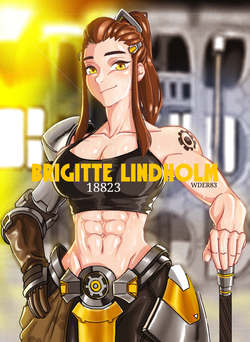 abs absurdres artist_name breasts brigitte_(overwatch) brown_hair character_name cleavage commentary crop_top faulds gauntlets groin hair_ornament hairclip highres large_breasts long_hair midriff muscle muscular_female overwatch planted_weapon ponytail shoulder_tattoo sidelocks single_gauntlet smile solo sweat tattoo wder83 weapon yellow_eyes