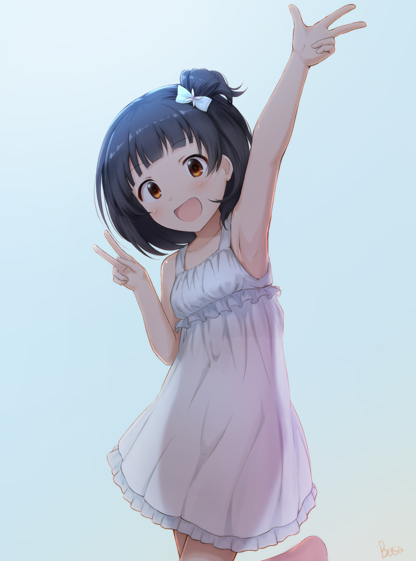 :d arm_up armpits artist_name bangs bare_arms bare_shoulders basa_rutan black_hair blue_background blue_bow blush bow breasts brown_eyes collarbone dress eyebrows_visible_through_hair flower gradient gradient_background hair_bow hair_flower hair_ornament hand_up highres idolmaster idolmaster_million_live! leaning_to_the_side nakatani_iku one_side_up open_mouth see-through_silhouette sleeveless sleeveless_dress small_breasts smile socks solo standing standing_on_one_leg v white_dress white_flower