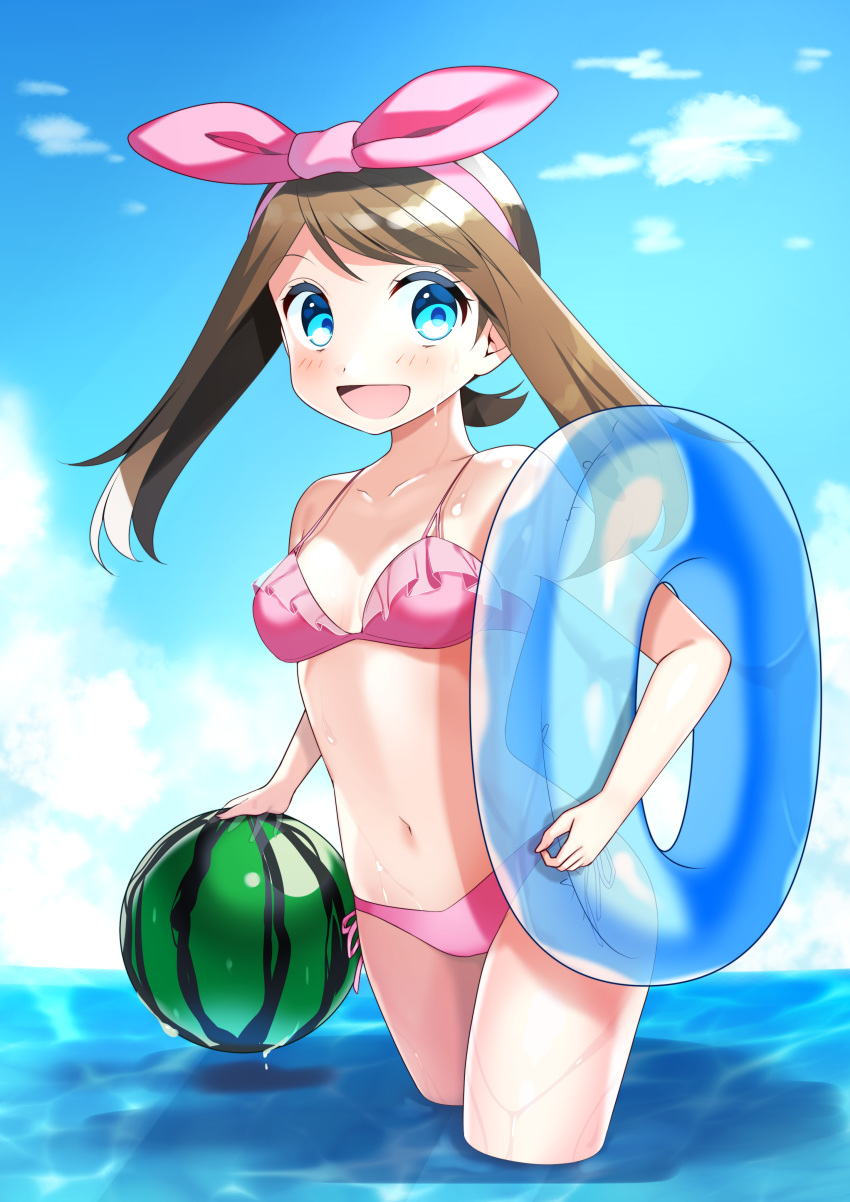 :d absurdres bangs bikini blue_eyes blue_sky blush bow breasts brown_hair cleavage cloud collarbone day food fruit hair_bow hairband haruka_(pokemon) highres innertube long_hair looking_at_viewer navel open_mouth outdoors parted_bangs pink_bikini pink_bow pink_hairband pokemon pokemon_(game) pokemon_rse shiny shiny_hair shiny_skin side-tie_bikini sky small_breasts smile solo standing swimsuit transparent wading watermelon wet yuihiko