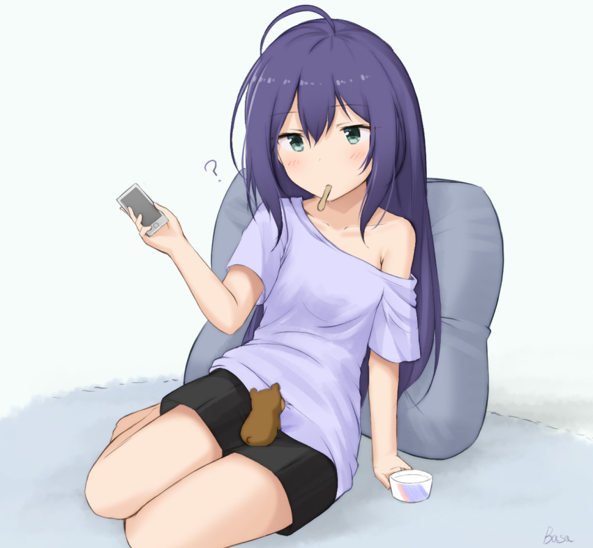 ? animal animal_on_lap bangs bare_shoulders basa_rutan black_shorts blush breasts cellphone closed_mouth collarbone eyebrows_visible_through_hair green_eyes hair_between_eyes holding holding_cellphone holding_phone ice_cream_spoon idolmaster idolmaster_million_live! idolmaster_million_live!_theater_days long_hair looking_away looking_down mochizuki_anna mouth_hold off_shoulder on_lap phone pillow purple_hair purple_shirt shirt short_shorts short_sleeves shorts small_breasts solo spoon spoon_in_mouth very_long_hair