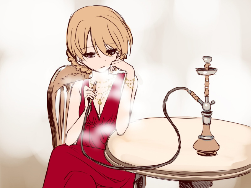 bangs black_eyes braid breasts chin_rest cleavage commentary crossed_legs darjeeling dress elbow_rest eyebrows_visible_through_hair formal girls_und_panzer highres holding hookah jewelry medium_breasts necklace red_dress sabaku_chitai short_hair sitting sleeveless sleeveless_dress smoke smoking solo tied_hair twin_braids wooden_chair wooden_table