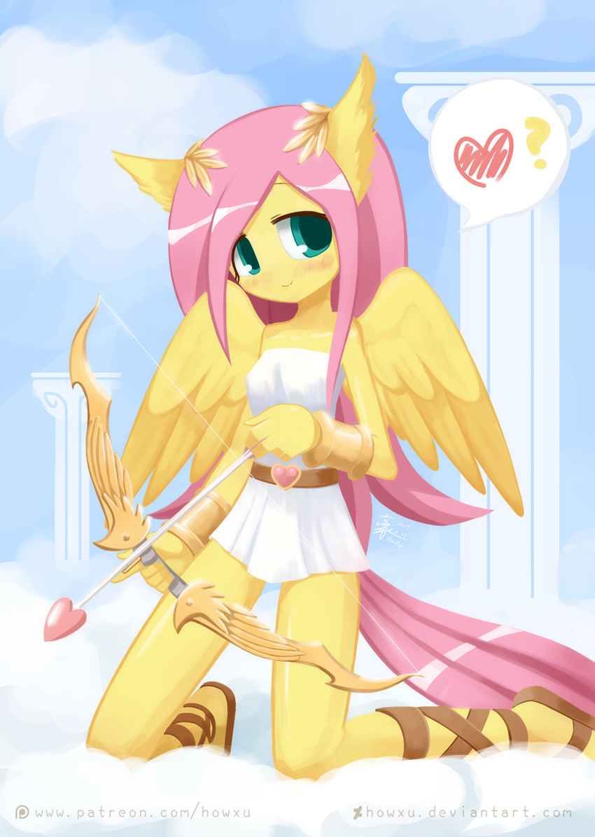 &lt;3 2017 5_fingers ? anthro anthrofied armor arrow belt blush bow_(weapon) bracers breasts clothed clothing cloud cupid equine eyebrows eyelashes feathered_wings feathers female fluttershy_(mlp) footwear friendship_is_magic hair hi_res holding_object holding_weapon howxu kneeling long_hair looking_at_viewer mammal my_little_pony outside patreon pegasus pink_hair portrait ranged_weapon sandals signature sky smile solo teal_eyes text url weapon wings yellow_feathers