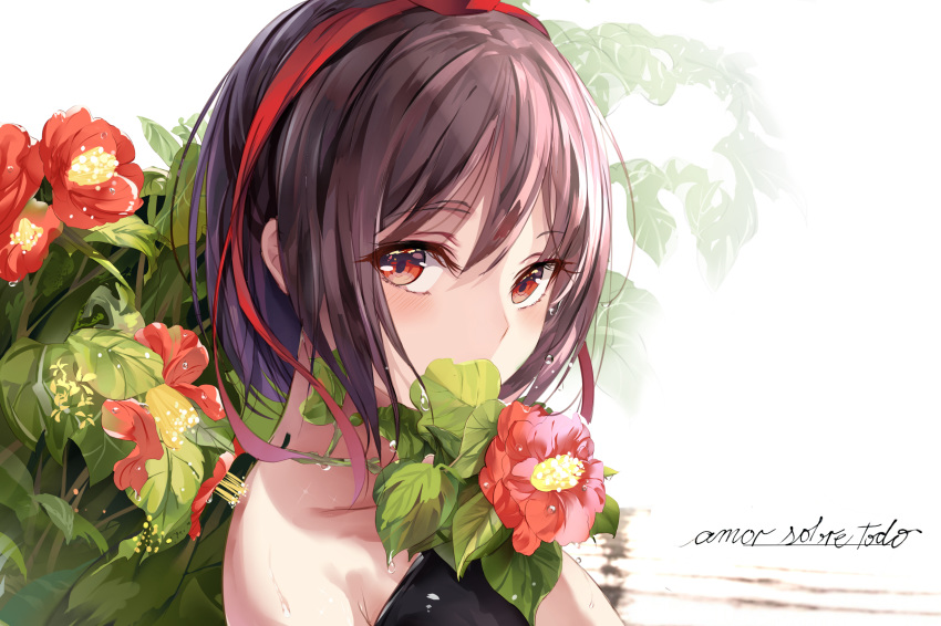 absurdres bangs bare_shoulders blush brown_hair collarbone commentary covered_mouth eyebrows_visible_through_hair fallen_heaven flower hair_between_eyes hat hat_ribbon highres leaf looking_at_viewer red_eyes red_flower red_ribbon ribbon shameimaru_aya short_hair simple_background solo tokin_hat touhou translated upper_body wet white_background