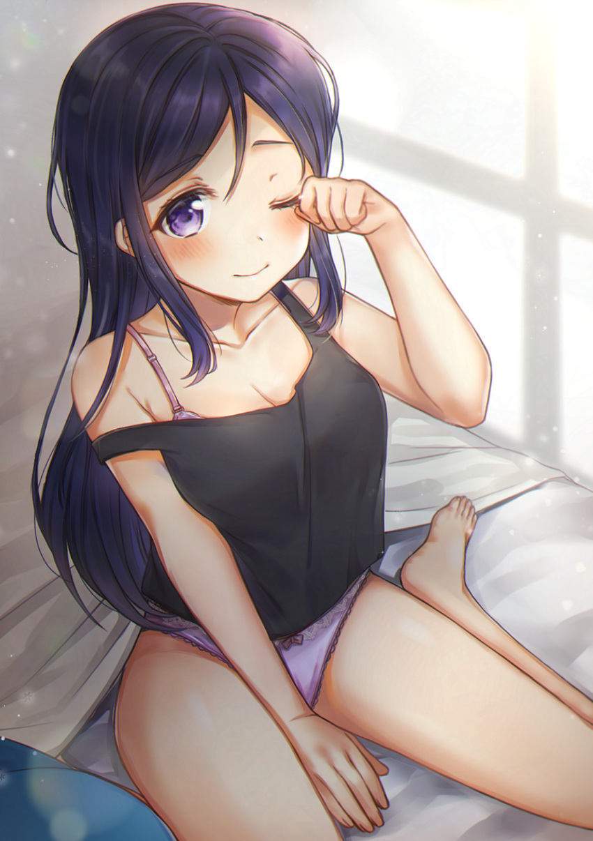 ;) barefoot bed bed_sheet black_tank_top blue_hair blush bra_strap breasts cleavage commentary eyebrows_visible_through_hair hair_between_eyes hair_down highres indoors lace lace-trimmed_panties lens_flare lens_flare_abuse long_hair looking_at_viewer love_live! love_live!_sunshine!! matsuura_kanan mkzk_nagi on_bed one_eye_closed panties purple_eyes purple_panties rubbing_eyes sitting sitting_on_bed sleeveless smile solo strap_slip thighs underwear waking_up wariza window