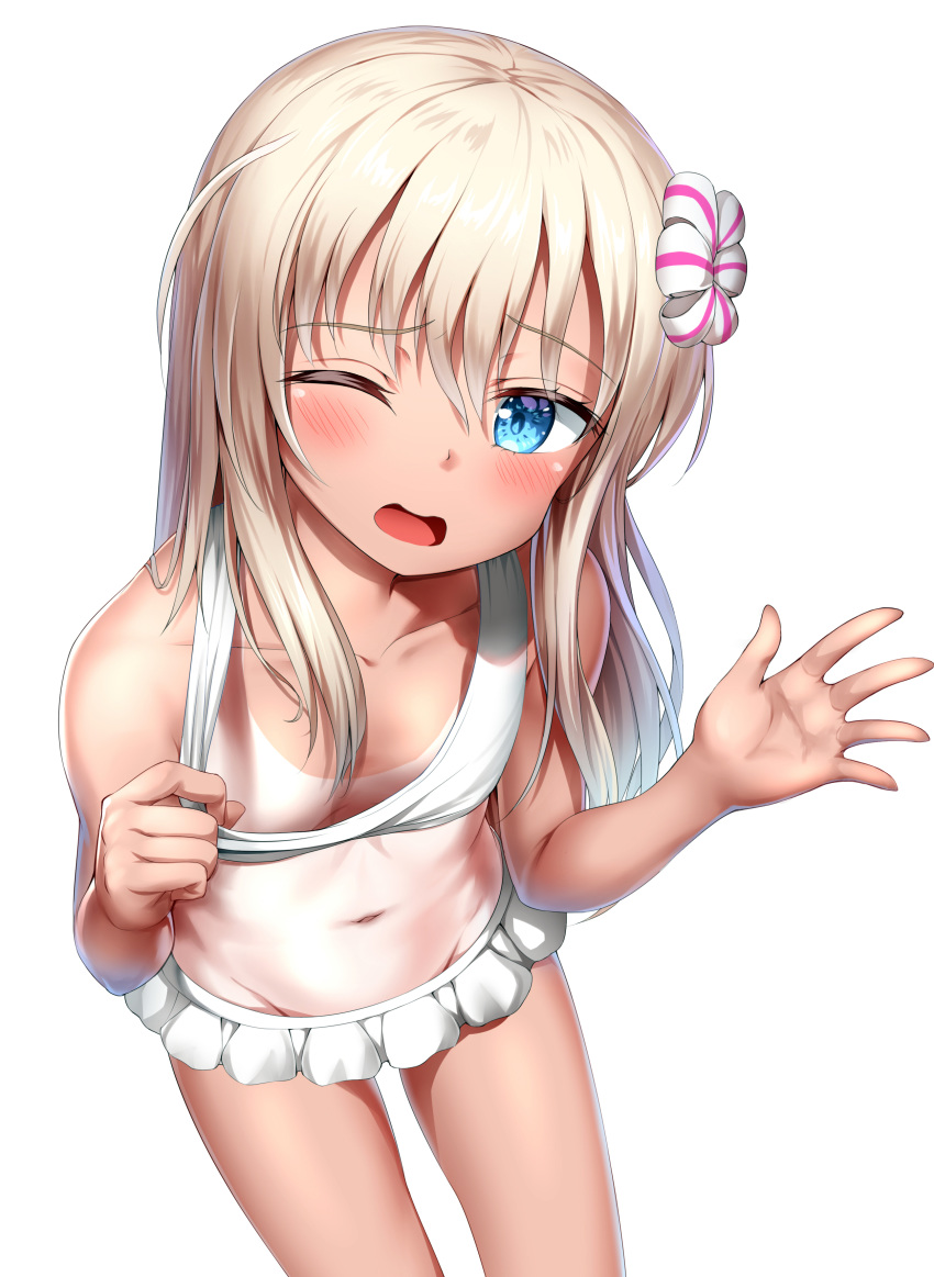 ;d absurdres alternate_costume bangs bare_arms bare_shoulders bikini bikini_tug blue_eyes blush breasts collarbone day eyebrows_visible_through_hair flower frilled_bikini frills groin hair_between_eyes hair_flower hair_ornament hands_up head_tilt highres kantai_collection light_brown_hair long_hair looking_at_viewer navel nedia_(nedia_region) one-piece_tan one_eye_closed open_mouth ro-500_(kantai_collection) sidelocks simple_background sitting small_breasts smile solo swimsuit tan tanline very_long_hair white_background white_bikini