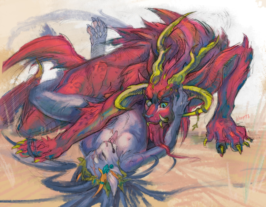 abstract_colours breasts charr duo eyes_closed fangs feline female guild_wars hair hand_on_cheek horn larger_male long_hair male male/female mammal multi_ear nipples nude scar size_difference small_breasts smaller_female smile tangled_legs tongue tongue_out video_games wooy