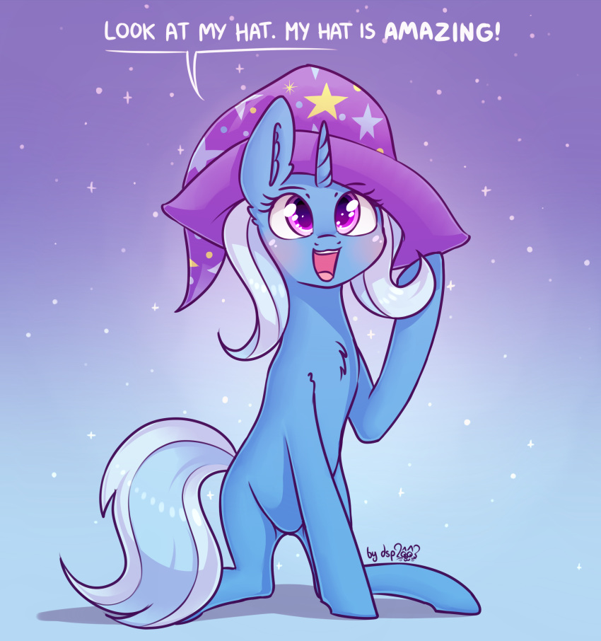 ! 2018 blue_background blue_hair blush chest_tuft cute dialogue dsp2003 english_text equine eyebrows eyelashes female feral friendship_is_magic fur gradient_background hair happy hat hi_res hooves horn inner_ear_fluff mammal multicolored_hair my_little_pony nude open_mouth open_smile portrait purple_eyes shadow signature simple_background smile solo speech_bubble star talking_to_viewer teeth text tongue trixie_(mlp) tuft two_tone_hair unicorn