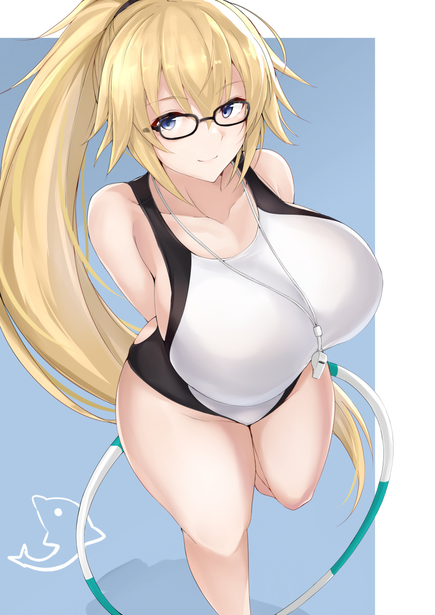 absurdres arms_behind_back black-framed_eyewear blonde_hair blue_eyes breasts competition_swimsuit curvy fate/grand_order fate_(series) glasses highres hoop huge_breasts hula_hoop jeanne_d'arc_(fate)_(all) jeanne_d'arc_(swimsuit_archer) leg_lift long_hair looking_at_viewer maruya1006 one-piece_swimsuit ponytail smile solo standing standing_on_one_leg swimsuit thick_thighs thighs very_long_hair whistle wide_sleeves