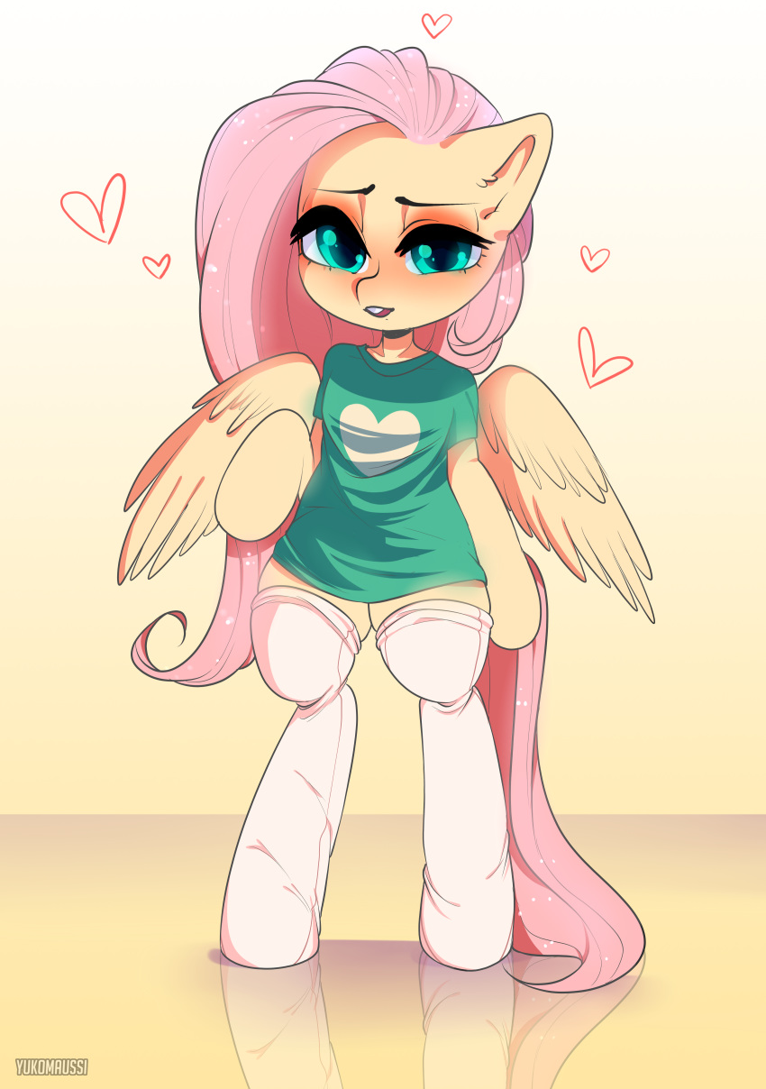 &lt;3 2018 absurd_res blush bottomless clothed clothing cute equine eyebrows eyelashes feathered_wings feathers female fluttershy_(mlp) friendship_is_magic full-length_portrait hair hi_res hooves legwear long_hair looking_at_viewer mammal my_little_pony open_mouth pegasus pink_hair portrait semi-anthro shadow shirt simple_background socks solo standing teal_eyes teeth thigh_highs wings yellow_background yellow_feathers yukomaussi