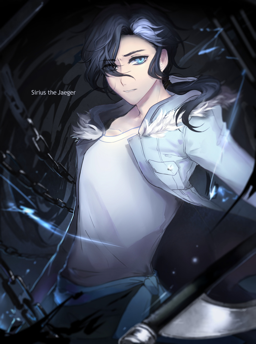 absurdres black_hair blue_eyes blue_jacket blurry chain copyright_name d.c. dark_background eyes_visible_through_hair highres jacket long_hair looking_at_viewer male_focus multicolored_hair ponytail shirt solo staff tenrou:_sirius_the_jaeger two-tone_hair white_hair white_shirt yuily_(sirius)