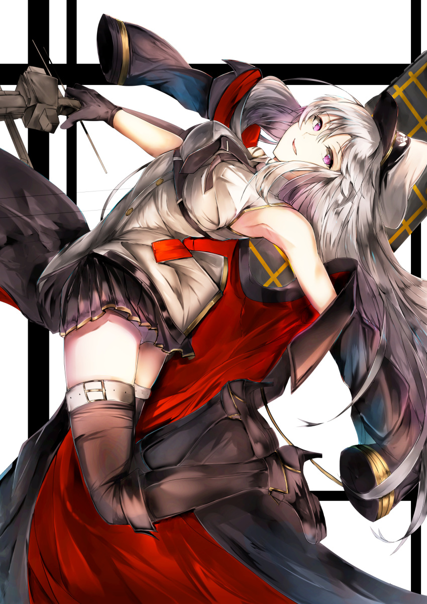 armpits ass azur_lane bangs bare_shoulders belt black_footwear black_legwear black_neckwear blush boots bow_(weapon) breasts buttons coat coat_removed collared_shirt commentary_request compound_bow enterprise_(azur_lane) eyebrows_visible_through_hair flight_deck floating hat highres holding holding_bow_(weapon) holding_weapon knee_boots large_breasts long_hair looking_at_viewer machinery miniskirt necktie otsunabe_(naabe_delta) panties peaked_cap pleated_skirt purple_eyes rigging shirt silver_hair skindentation skirt sleeveless sleeveless_shirt smile solo thighhighs thighs underwear very_long_hair weapon white_panties white_shirt wing_collar