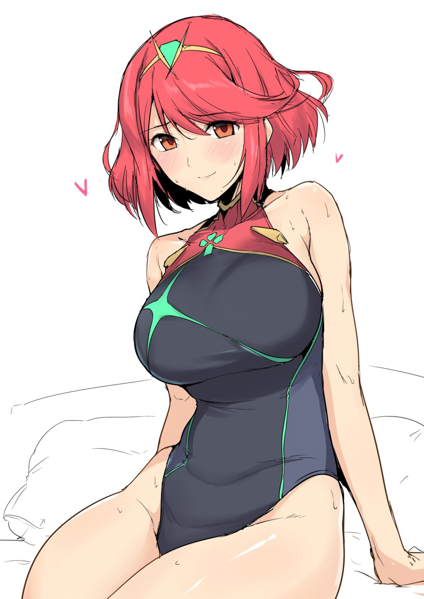 bangs bare_shoulders commentary_request eyebrows_visible_through_hair gem hair_ornament harukon_(halcon) heart highres homura_(xenoblade_2) looking_at_viewer one-piece_swimsuit red_eyes red_hair short_hair sitting smile sweat swimsuit thighs tiara white_background xenoblade_(series) xenoblade_2