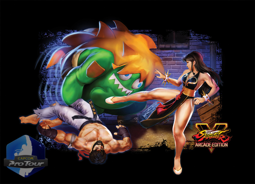 alley alternate_costume alternate_hairstyle beard black_border black_dress black_hair blanka blanka-chan border bracelet braid breasts brick_wall brown_hair capcom china_dress chinese_clothes chun-li cleavage copyright_name dave_wilkins dress facial_hair fangs fingerless_gloves gloves hair_down headband headbutt jewelry leg_up logo mascot_costume multiple_boys muscle official_art orange_hair pectorals ryuu_(street_fighter) shirtless spiked_bracelet spikes street_fighter street_fighter_v thick_thighs thighs toned trash_can unconscious