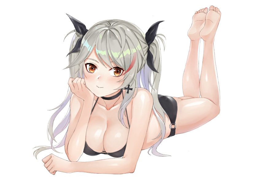 alternate_costume antenna_hair ass azur_lane bangs bikini black_bikini blush breasts brown_eyes choker collarbone commentary_request cross cross_earrings earrings eyebrows_visible_through_hair feet_up hair_between_eyes head_on_hand iron_cross jewelry large_breasts long_hair looking_at_viewer lying mole mole_on_breast multicolored_hair o-ring o-ring_bikini on_stomach prinz_eugen_(azur_lane) red_hair ribbon sidelocks silver_hair simple_background smile solo streaked_hair swimsuit two_side_up very_long_hair white_background z'co