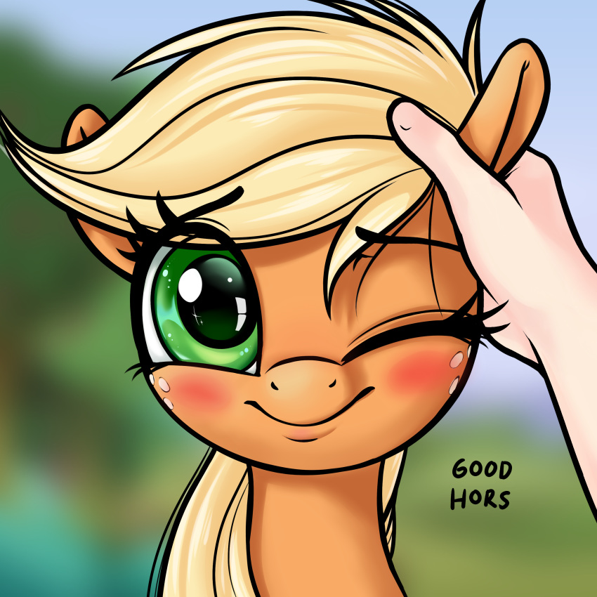 2018 absurd_res applejack_(mlp) blonde_hair blush coinpo dialogue duo earth_pony english_text equine female feral first_person_view freckles friendship_is_magic green_eyes hair hi_res horse looking_at_viewer mammal my_little_pony one_eye_closed outside pony solo_focus text wink