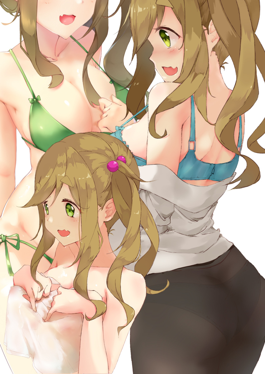 bangs bare_shoulders bikini blue_bra blush bra breast_suppress breasts brown_hair cleavage commentary dgle3370 eyebrows_visible_through_hair fang fang_out green_bikini green_eyes hair_bobbles hair_ornament highres inuyama_aoi large_breasts multiple_views navel open_mouth panties panties_under_pantyhose pantyhose shirt side-tie_bikini side_ponytail smile swept_bangs swimsuit thick_eyebrows towel underwear yurucamp