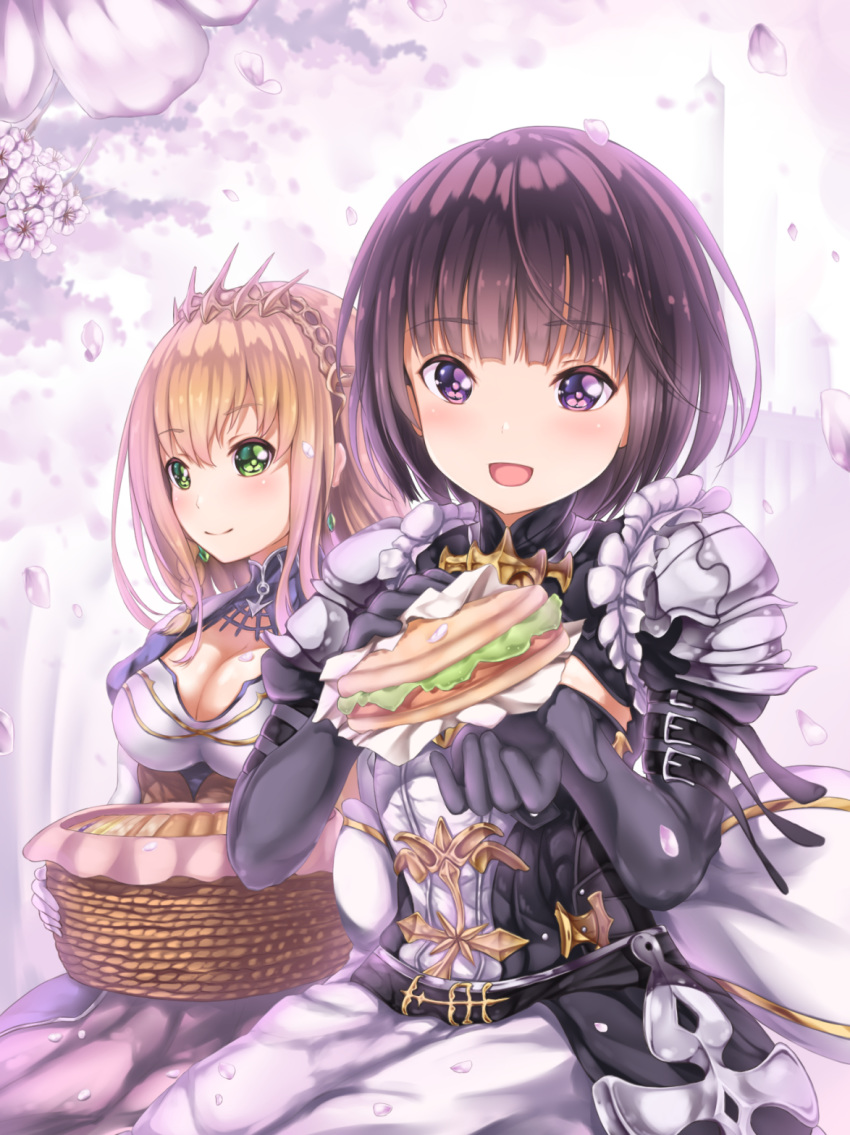 :d bad_id bad_pixiv_id bangs basket black_gloves black_shirt blush braid breasts character_request cherry_blossoms cleavage closed_mouth commentary_request day earrings elbow_gloves erika_(shadowverse) eyebrows_visible_through_hair flower food gloves gold_trim green_eyes hair_between_eyes highres holding holding_food jewelry light_brown_hair long_hair looking_away medium_breasts multiple_girls open_mouth outdoors pauldrons petals picnic_basket puffy_short_sleeves puffy_sleeves purple_eyes purple_flower purple_hair sagaradai sandwich shadowverse shirt short_sleeves single_braid skirt smile white_gloves white_skirt