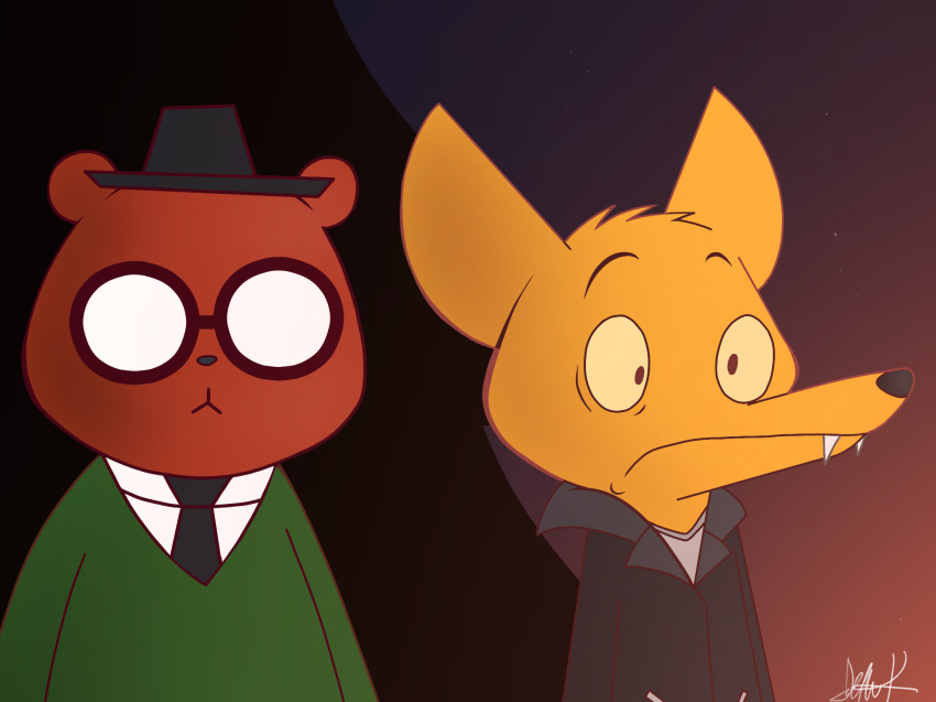 angus_(nitw) anthro bear canine fennec fox gregg_(nitw) male mammal night_in_the_woods outside sgtcarrotneko tagme