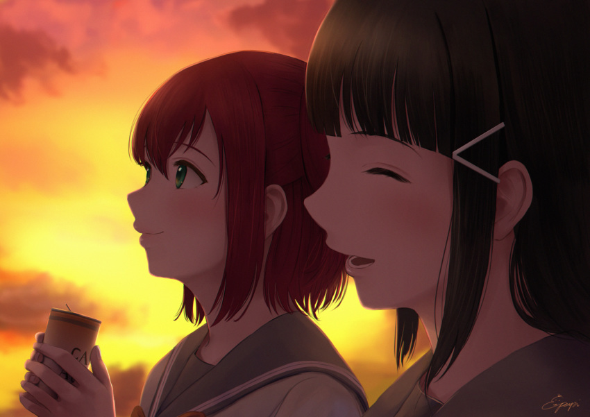:d ^_^ backlighting bangs black_hair blunt_bangs blush can closed_eyes closed_mouth commentary_request evening face green_eyes grey_sailor_collar hair_between_eyes holding kurosawa_dia kurosawa_ruby lips long_hair looking_away love_live! love_live!_sunshine!! multiple_girls open_mouth orange_sky papi_(papiron100) red_hair sailor_collar school_uniform short_hair siblings sidelocks signature sisters sky smile soda_can twintails upper_body uranohoshi_school_uniform