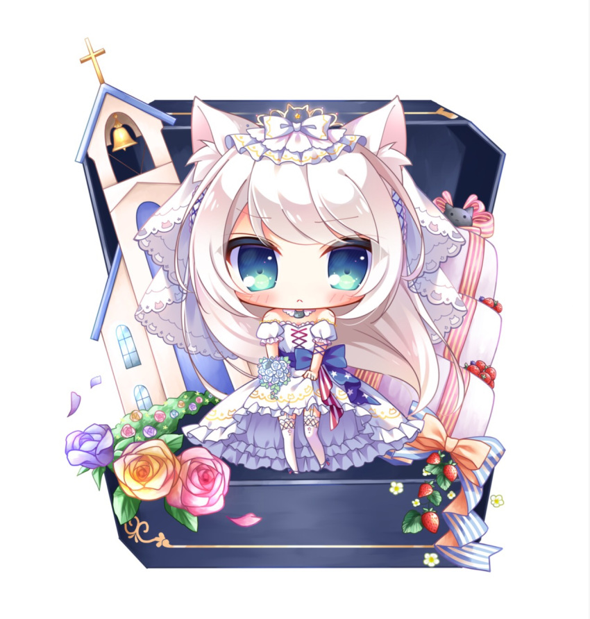 american_flag american_flag_print animal_ears azur_lane bangs bare_shoulders bell blue_bow blue_ribbon blush bouquet bow cat_ears chibi church closed_mouth cross-laced_clothes cross-laced_legwear detached_sleeves dress eyebrows_visible_through_hair flag_print flower food fruit garter_straps green_eyes hammann_(azur_lane) highres holding holding_bouquet jewelry long_hair puffy_short_sleeves puffy_sleeves purple_flower purple_rose red_flower red_rose ribbon ring rose ryuuka_sane short_sleeves silver_hair simple_background solo standing strapless strapless_dress strawberry striped striped_bow striped_ribbon thighhighs veil very_long_hair wedding_band wedding_cake wedding_dress white_background white_bow white_dress white_flower white_legwear white_rose yellow_flower yellow_rose