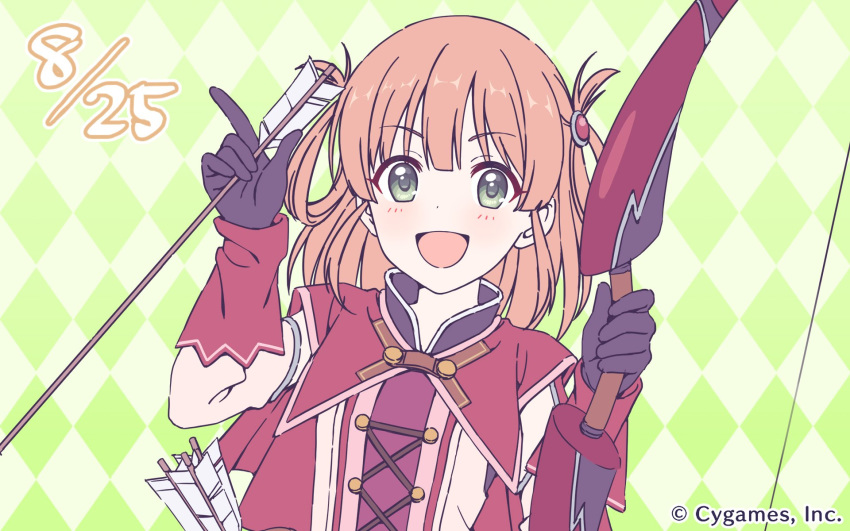 :d argyle argyle_background arrow black_gloves blush bow bow_(weapon) brown_hair company_name cross-laced_clothes cygames gloves green_background green_eyes hair_ornament hair_rings highres holding holding_arrow holding_bow_(weapon) holding_weapon inosaki_rino long_sleeves looking_back medium_hair official_art open_mouth princess_connect! princess_connect!_re:dive smile solo two_side_up upper_body weapon