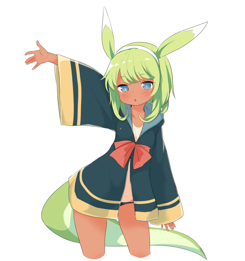 1girl :o \||/ animal_ears arm_up black_panties blue_eyes blush bow bowtie breasts bright_pupils cowboy_shot cropped_legs done_(donezumi) eyebrows_visible_through_hair hairband highres hood hood_down large_tail leaning_to_the_side light_green_hair long_sleeves no_bra one-piece_tan original panties raised_eyebrows red_neckwear simple_background sketch_eyebrows small_breasts solo tail tan tanline underwear white_background white_hairband wide_hips wide_sleeves