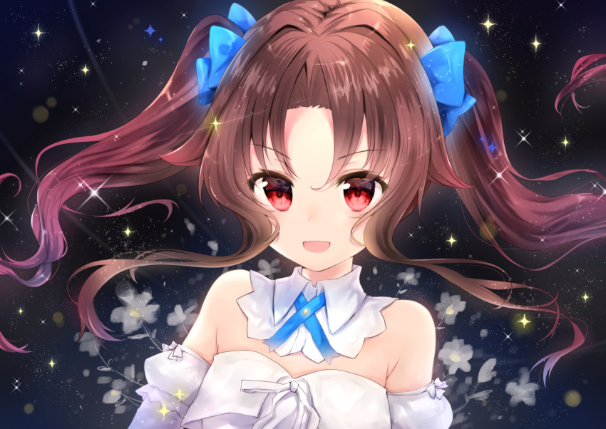 :d bangs bare_shoulders blue_bow blush bow brown_hair commentary detached_collar detached_sleeves dress eyebrows_visible_through_hair flower forehead gyozanuko hair_between_eyes hair_bow long_hair long_sleeves looking_at_viewer open_mouth parted_bangs puffy_short_sleeves puffy_sleeves red_eyes ryuuou_no_oshigoto! short_over_long_sleeves short_sleeves sidelocks smile solo strapless strapless_dress twintails white_collar white_dress white_flower yashajin_ai
