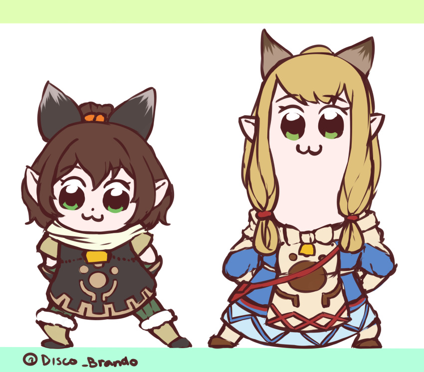 :3 bkub_(style) blonde_hair bow brown_hair chibi closed_mouth commentary contrapposto disco_brando eyebrows_visible_through_hair fur_trim green_eyes hair_bow highres looking_at_viewer meowstress milsee monster_hunter monster_hunter_x monster_hunter_xx multiple_girls parody ponytail poptepipic robe standing twitter_username white_background