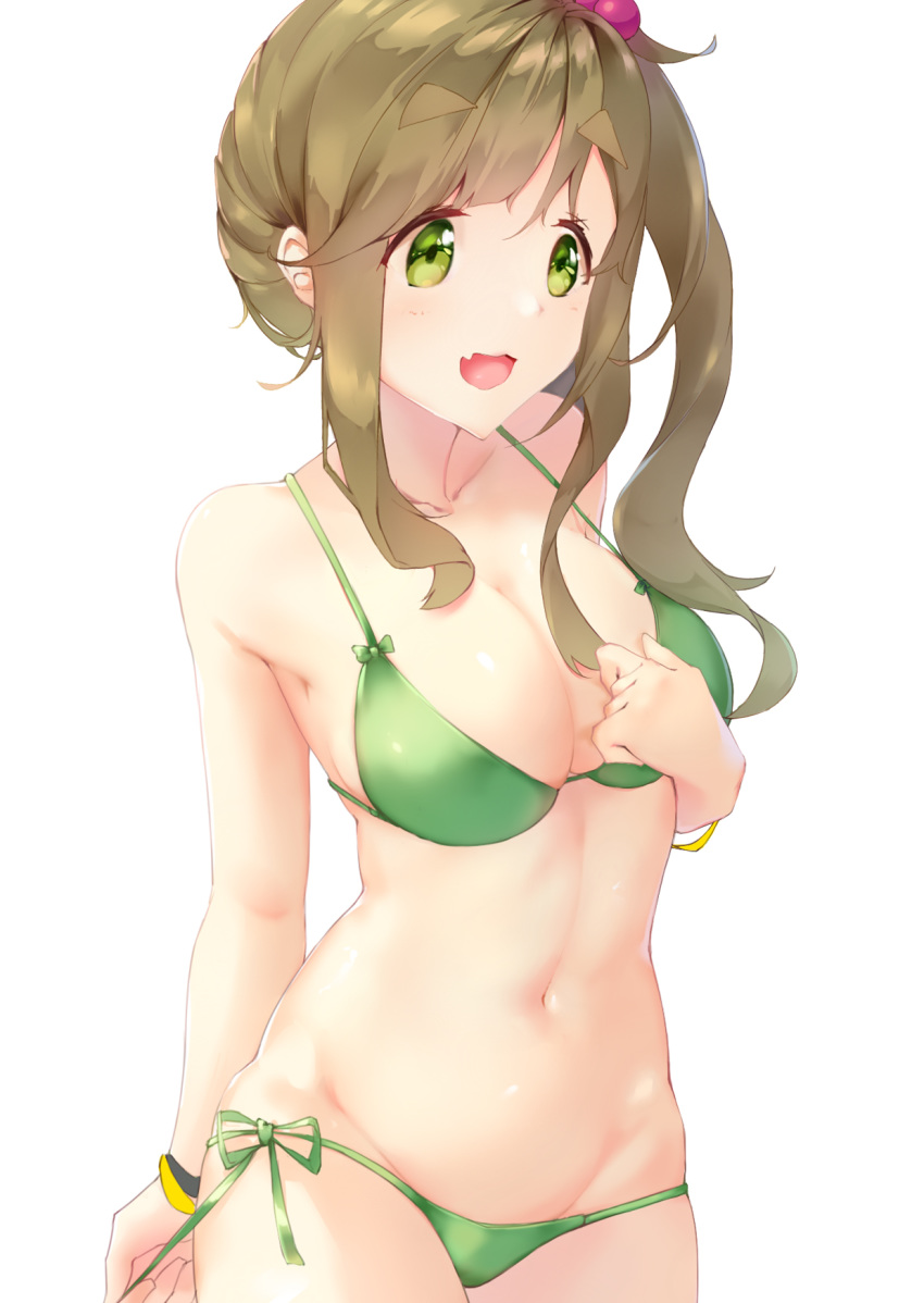 armpit_peek bangs bikini blush breasts brown_hair cleavage collarbone commentary_request dgle3370 eyebrows_visible_through_hair fang fang_out green_bikini green_bikini_bottom green_bikini_top green_eyes green_swimsuit groin hair_bobbles hair_ornament highres inuyama_aoi large_breasts navel open_mouth side-tie_bikini side_ponytail smile solo swept_bangs swimsuit thick_eyebrows yurucamp