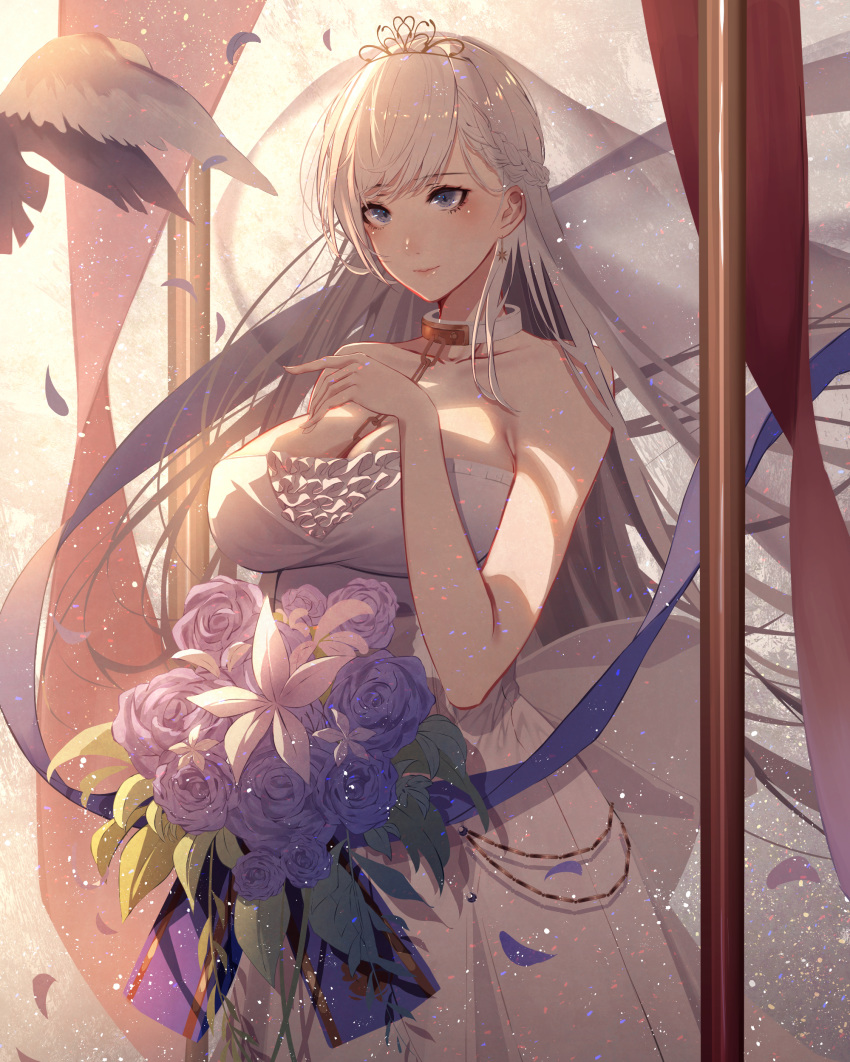 absurdres alternate_costume azur_lane bangs bare_shoulders belfast_(azur_lane) bird blue_eyes blush bouquet braid breasts bridal_veil bride chain choker cleavage closed_mouth collar collarbone commentary_request dress evening eyebrows_visible_through_hair floating_hair flower french_braid hand_up highres holding holding_bouquet kisui_(user_wswf3235) large_breasts light_particles long_hair looking_at_viewer outdoors petals silver_hair sky smile solo veil wedding_dress white_dress wind wind_lift