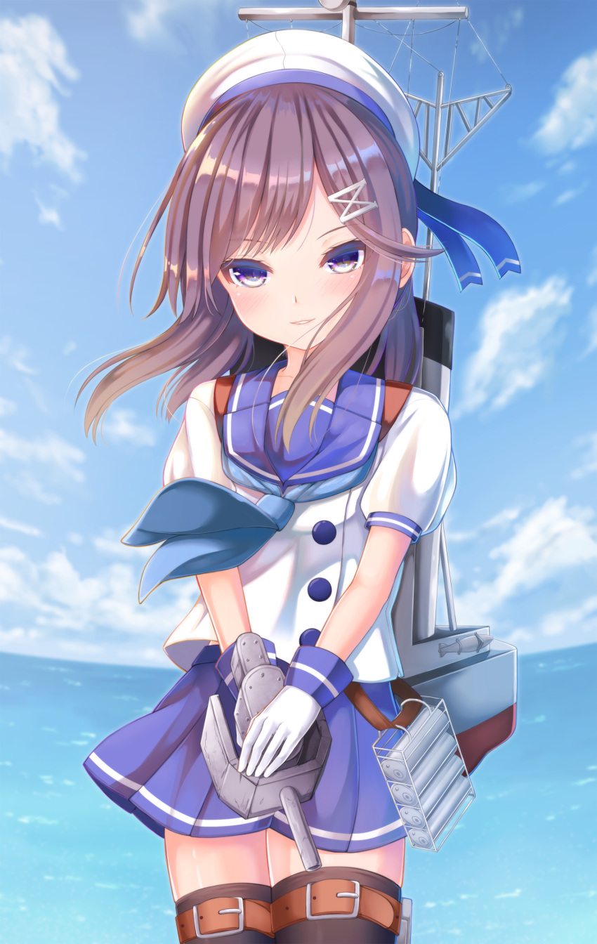 absurdres black_legwear blue_neckwear blue_skirt blue_sky buttons cloud commentary day depth_charge eyebrows_visible_through_hair gloves hair_ornament hairclip hat highres kantai_collection kyuupura looking_at_viewer miniskirt neckerchief ocean outdoors purple_eyes purple_hair sailor_collar sailor_hat school_uniform serafuku short_sleeves skirt sky smile solo thigh_strap thighhighs thighs tsushima_(kantai_collection) turret white_gloves