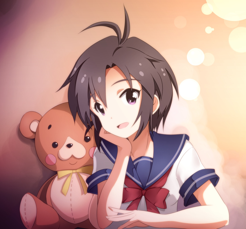 :d antenna_hair brown_hair chin_rest head_tilt idolmaster idolmaster_(classic) kikuchi_makoto looking_at_viewer ns.x open_mouth purple_eyes red_neckwear shirt short_hair short_sleeves smile solo stuffed_animal stuffed_toy teddy_bear upper_body white_shirt