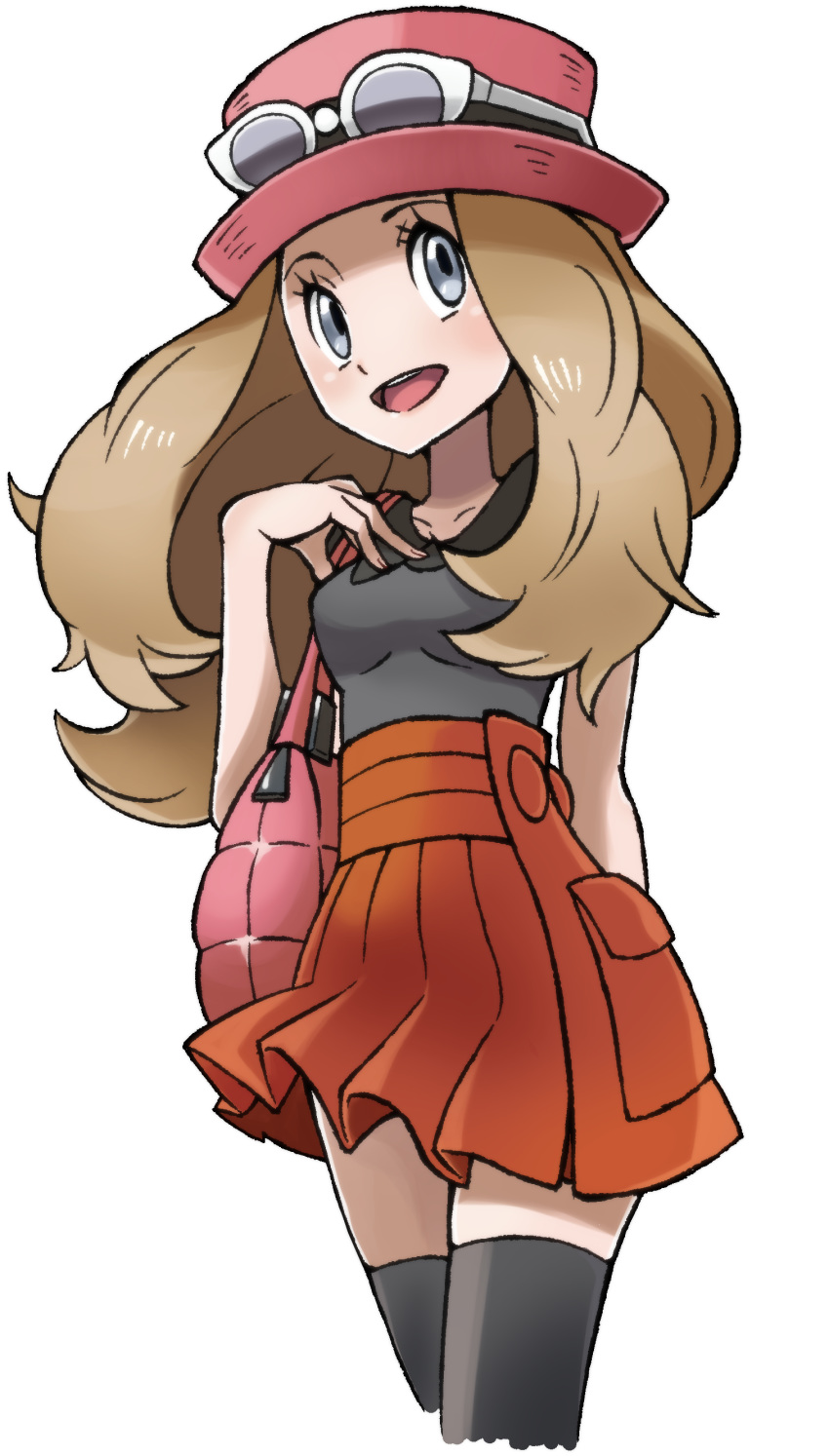 1girl artist_request black_legwear creatures_(company) dress eyewear_on_head game_freak hat long_hair nintendo official_style pleated_skirt pokemon pokemon_(game) pokemon_xy serena_(pokemon) skirt sleeveless smile source_request sunglasses thighhighs
