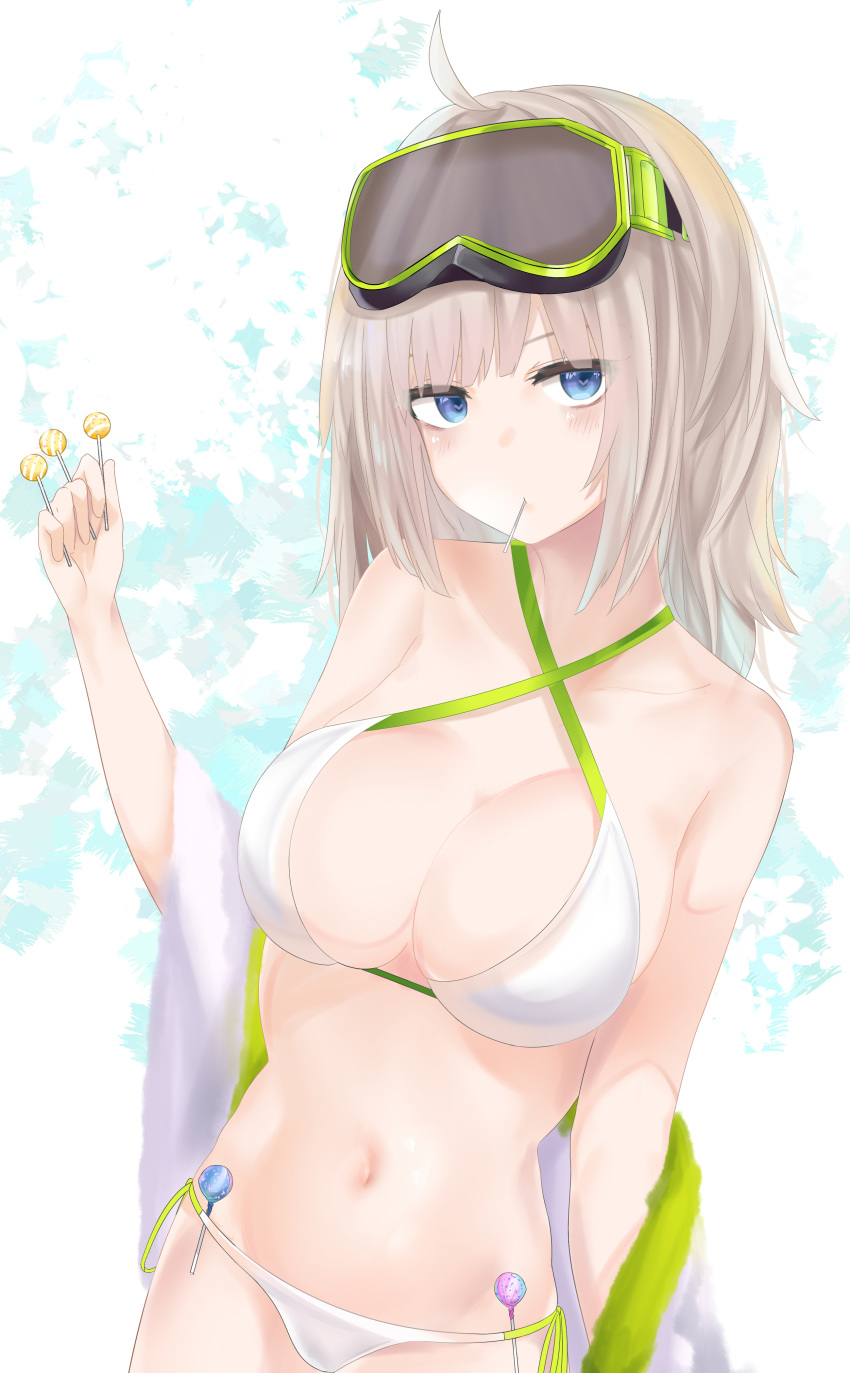 aa-12_(girls_frontline) absurdres ahoge alternate_costume bags_under_eyes bangs bare_shoulders bikini blue_eyes blush breasts candy cleavage collarbone commentary_request cowboy_shot food girls_frontline goggles goggles_on_head groin hair_ornament halter_top halterneck heart heart-shaped_pupils highres holding holding_food lollipop long_hair looking_at_viewer medium_breasts mouth_hold navel ru_zhai sidelocks silver_hair solo stomach swimsuit symbol-shaped_pupils towel