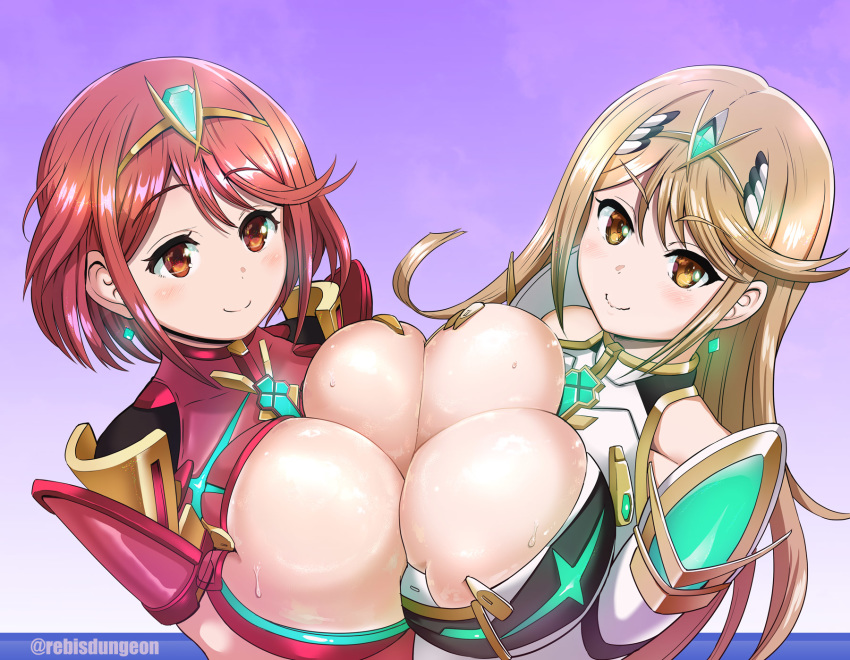 bangs blonde_hair breast_press breasts brown_eyes cleavage earrings eyebrows_visible_through_hair highres hikari_(xenoblade_2) homura_(xenoblade_2) huge_breasts jewelry light_blush long_hair looking_at_viewer multiple_girls rebis red_eyes red_hair short_hair skindentation smile swept_bangs symmetrical_docking tiara upper_body wavy_mouth xenoblade_(series) xenoblade_2