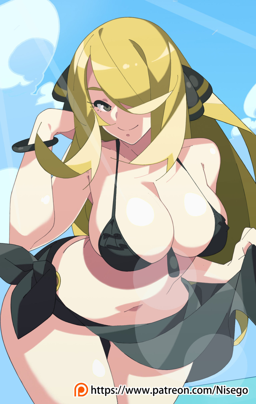bikini black_bikini black_swimsuit blonde_hair breasts cleavage closed_mouth day grey_eyes hair_ornament hair_over_one_eye hands_up highres large_breasts leaning_forward long_hair looking_at_viewer navel nisego outdoors pokemon pokemon_(game) pokemon_dppt shirona_(pokemon) smile solo standing stomach swimsuit upper_body very_long_hair watermark web_address