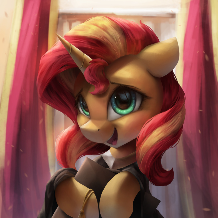 2018 absurd_res blonde_hair bust_portrait clothed clothing cute detailed_background equestria_girls equine eyebrows eyelashes female feral floppy_ears graduation hair happy hat hi_res hooves horn inside looking_at_viewer mammal multicolored_hair my_little_pony open_mouth open_smile portrait red_hair smile solo sunset_shimmer_(eg) teal_eyes tongue two_tone_hair unicorn vanillaghosties