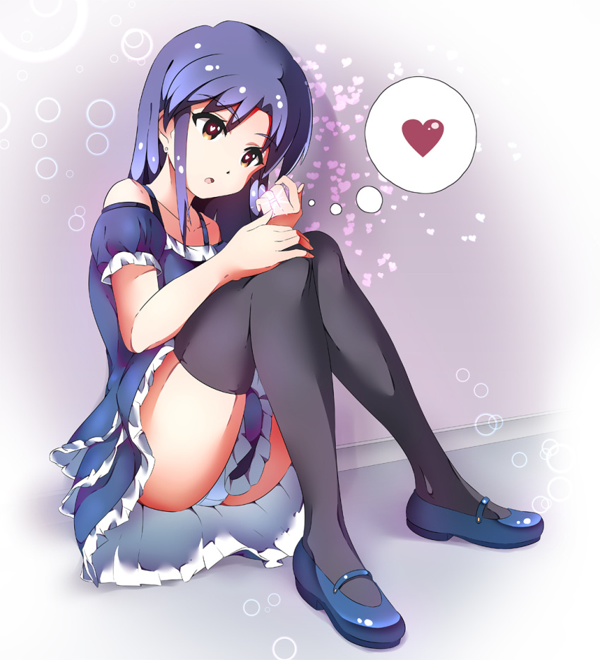 black_legwear blue_dress blue_footwear blue_hair brown_eyes dress earrings eyebrows_visible_through_hair frilled_dress frills full_body highres idolmaster idolmaster_(classic) jewelry kisaragi_chihaya layered_dress long_hair mary_janes ns.x open_mouth panties pantyshot pantyshot_(sitting) ring shiny shiny_hair shoes short_dress sidelocks sitting solo thighhighs thought_bubble underwear wedding_ring white_panties