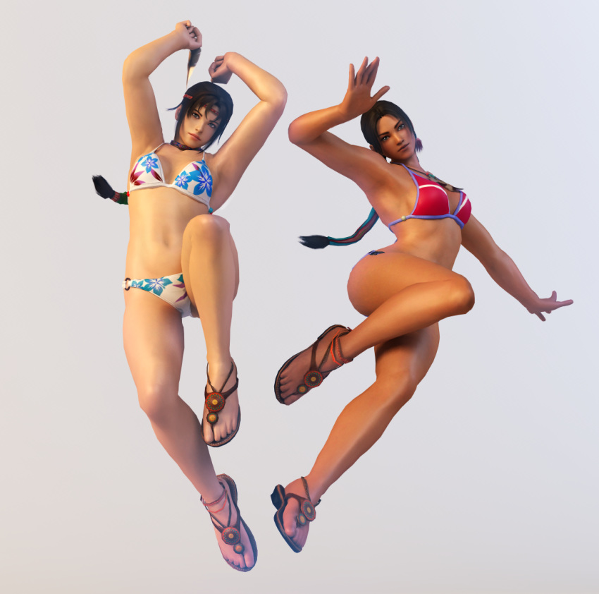 3d bare_arms bare_shoulders breasts brown_eyes brown_hair curvy daughter headdress hips julia_chang legs long_hair michelle_chang mother mother_and_daughter sandals stomach tanned_skin tekken tekken_5 tekken_6 tekken_tag_tournament_2 thick_thighs thighs tied_hair