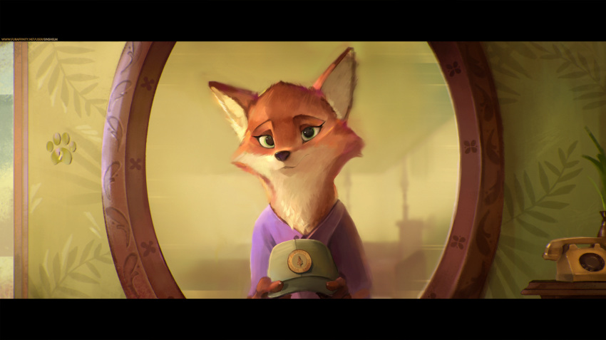 canine clothed clothing disney dress einshelm female fox green_eyes hat mammal mature_female mirror mrs_wilde reflection solo zootopia