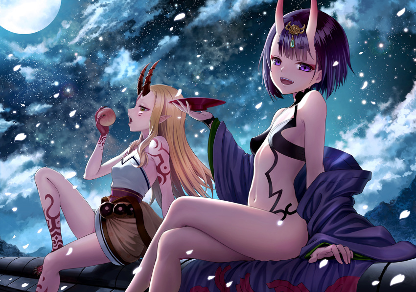 :d arm_support arm_tattoo bangs bare_arms bare_legs bare_shoulders barefoot beads blonde_hair breasts cloud cloudy_sky commentary_request crossed_legs cup drinking_glass eyebrows_visible_through_hair eyeshadow facial_mark fangs fate/grand_order fate_(series) fingernails food forehead_mark from_side fruit full_moon gem glowing_petals head_tilt headpiece holding holding_cup holding_food holding_fruit ibaraki_douji_(fate/grand_order) japanese_clothes kimono knee_up leg_tattoo long_hair looking_at_viewer looking_away looking_to_the_side makeup moon mountain multiple_girls navel night night_sky obi off_shoulder on_roof oni oni_horns open_mouth pale_skin peach pointy_ears prayer_beads print_kimono profile purple_eyes purple_hair purple_kimono revealing_clothes sakazuki sash sharp_fingernails sharp_toenails shiny shiny_hair short_eyebrows short_hair shoulder_tattoo shuten_douji_(fate/grand_order) sidelocks sion_(9117) sky small_breasts smile straight_hair tattoo toenails wind yellow_eyes yellow_kimono