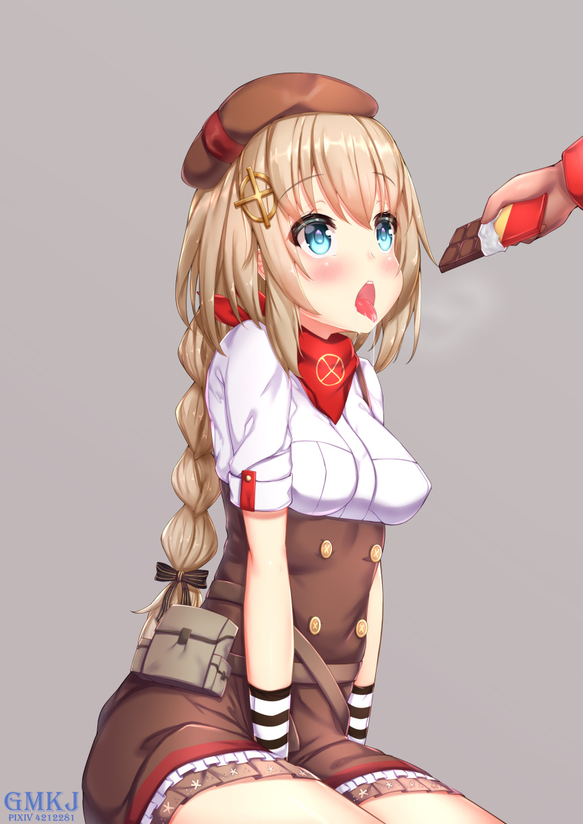 1girl absurdres artist_name belt_pouch beret blue_eyes breasts brown_hair chocolate_bar commentary_request fn_fnc_(girls_frontline) girls_frontline gmkj gradient gradient_background hair_ornament hat heavy_breathing highres long_braid long_hair medium_breasts open_mouth out_of_frame pouch saliva scarf simple_background sitting solo_focus tongue tongue_out